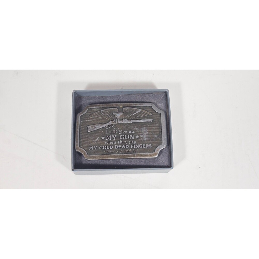 VTG 1977 "I Wil Give Up My Gun...Dead Fingers" Indiana Metal Crafts Belt Buckle